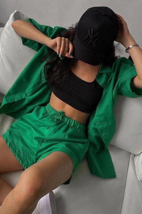 Solid Short Sleeve Shirt Drawstring Shorts Suits