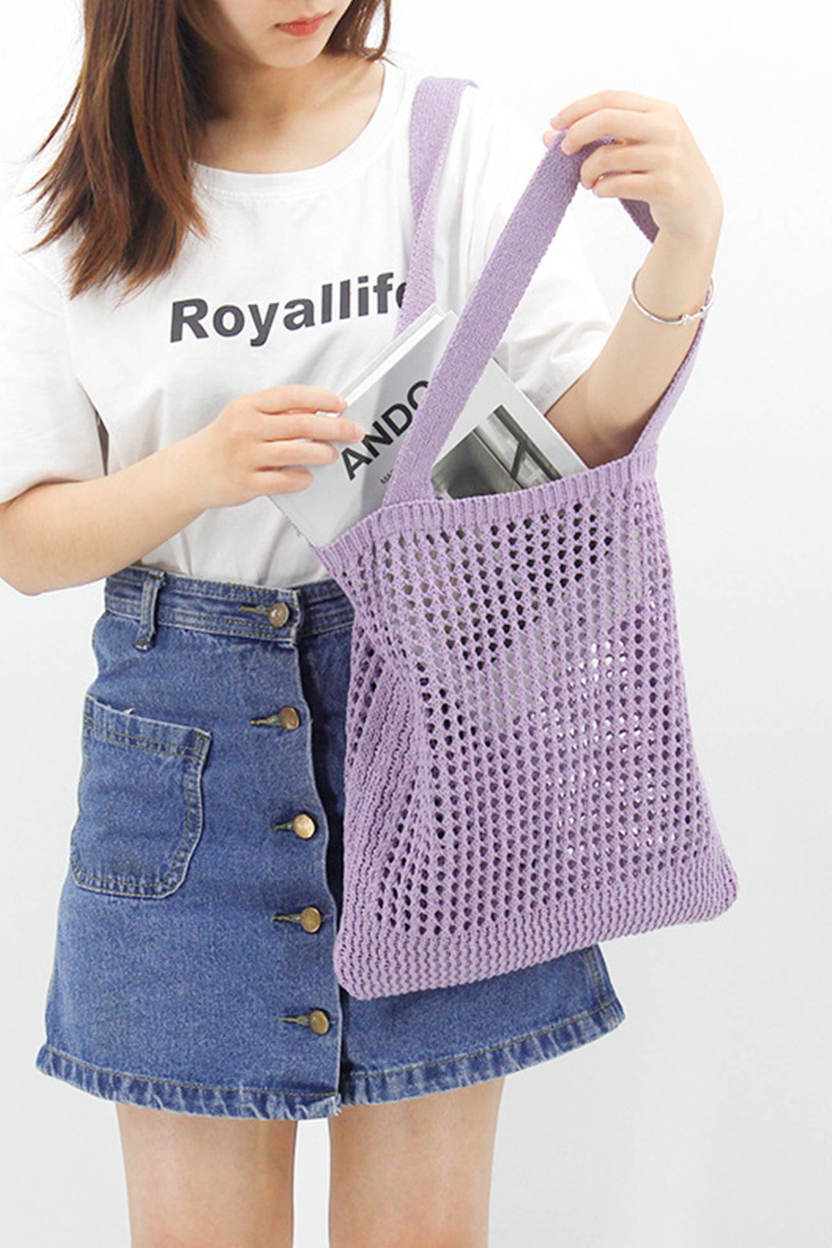 Solid Hollow-out Crochet Tote Bag