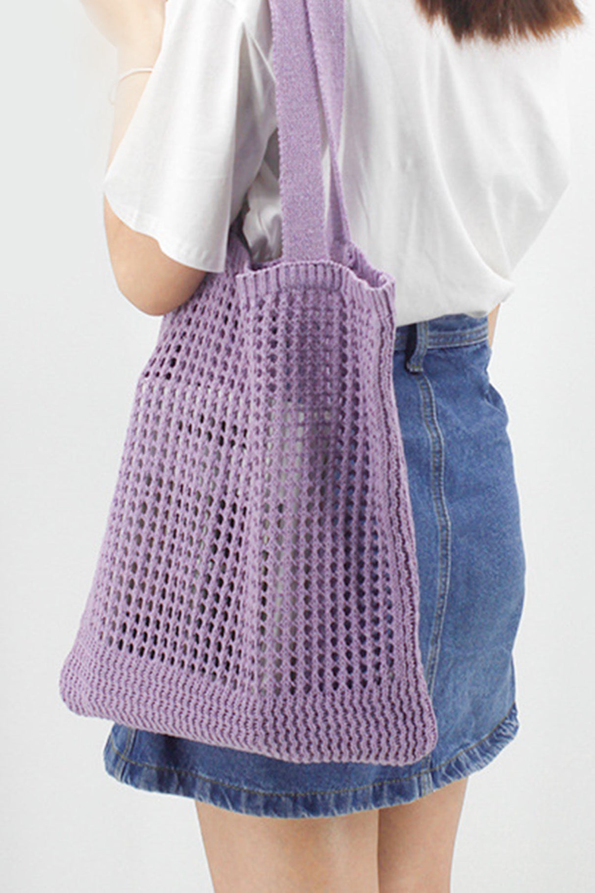 Solid Hollow-out Crochet Tote Bag