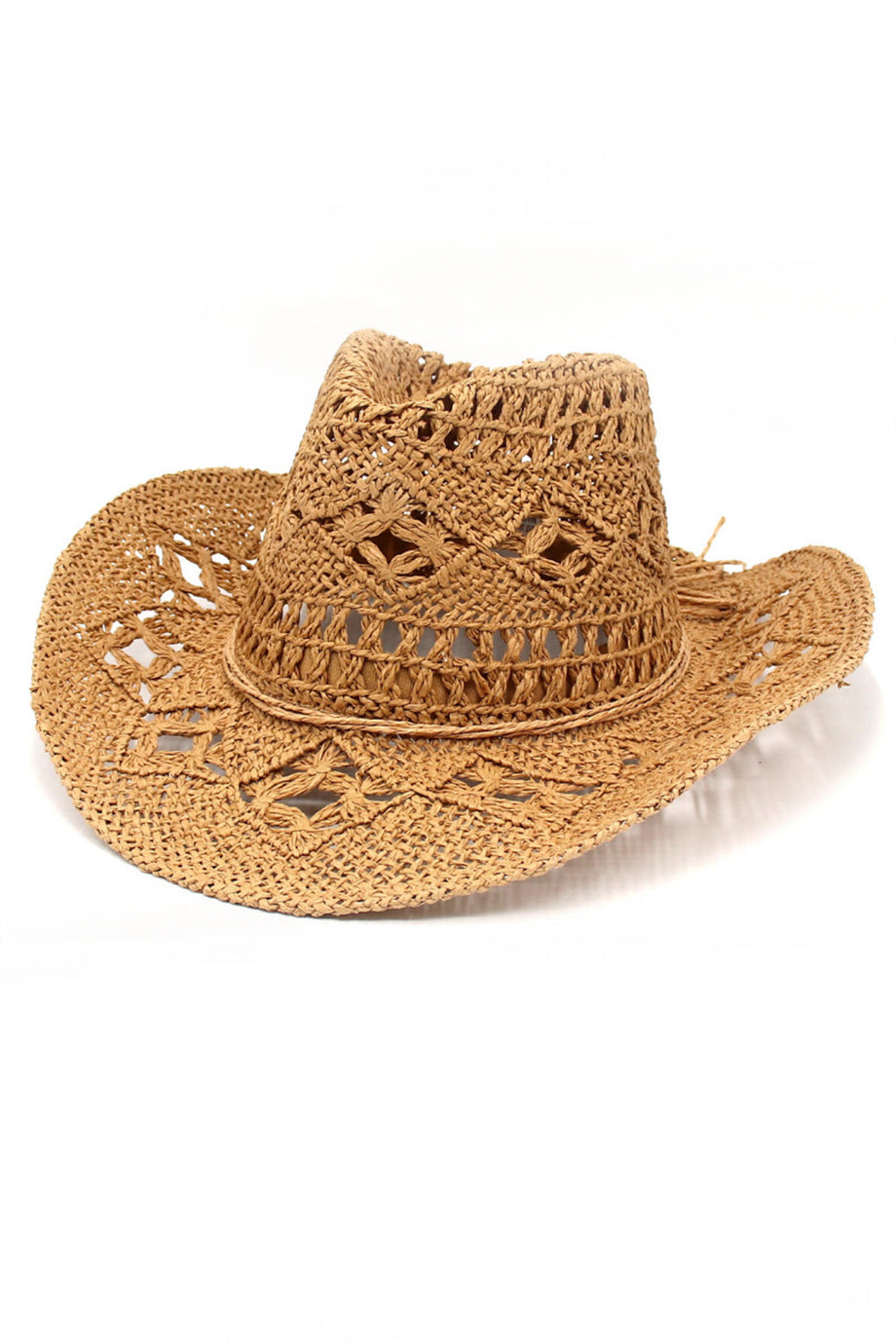 Solid Hollow-Out Woven Denim Straw Hat White / One Size
