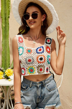 Squareneck Cutout Crocheted Tank Top