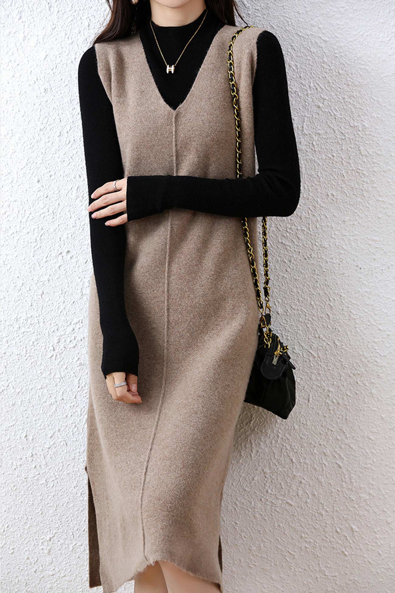 V Neck Solid Color Wool Tank Dress