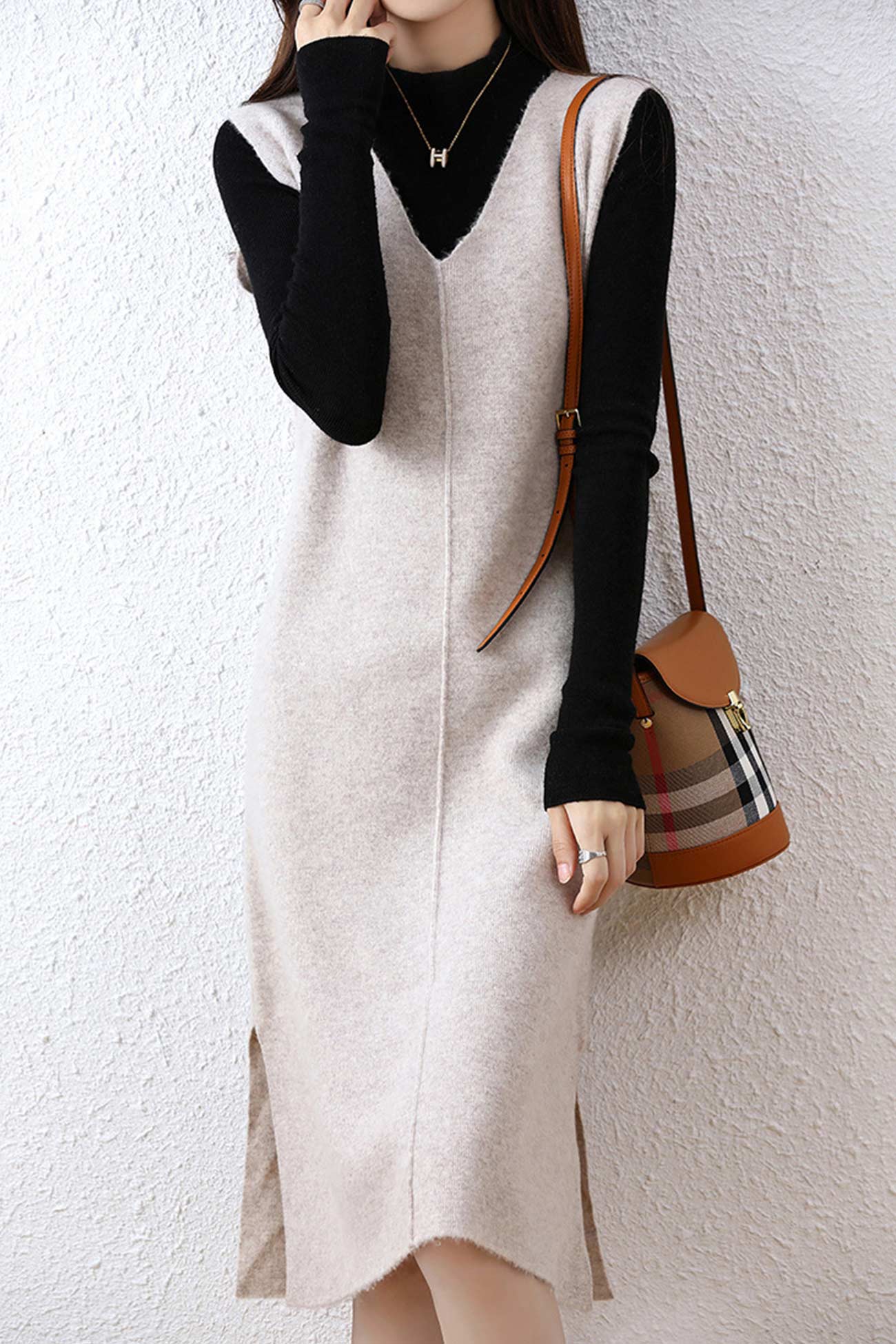 V Neck Solid Color Wool Tank Dress