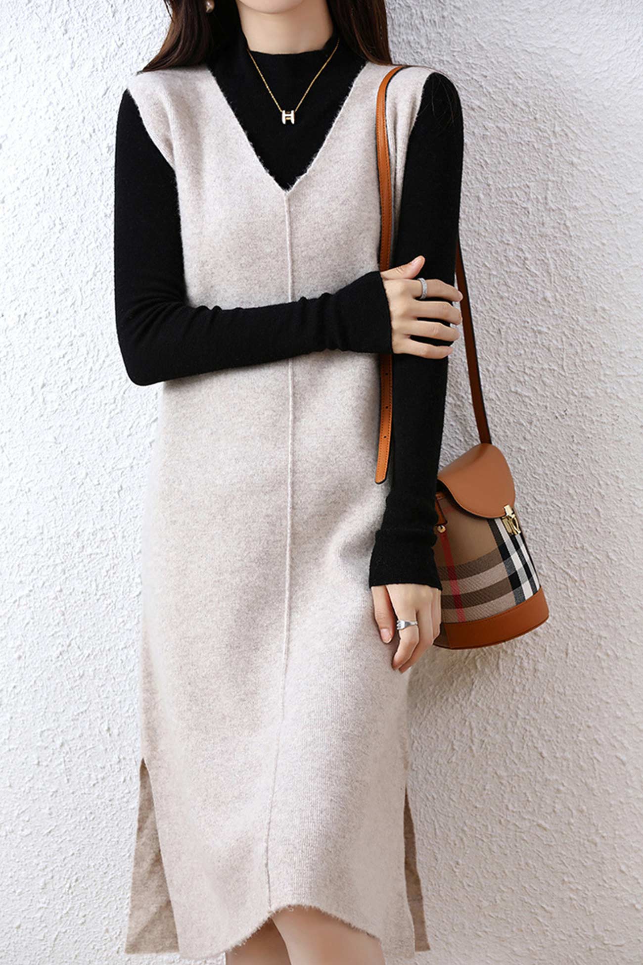 V Neck Solid Color Wool Tank Dress