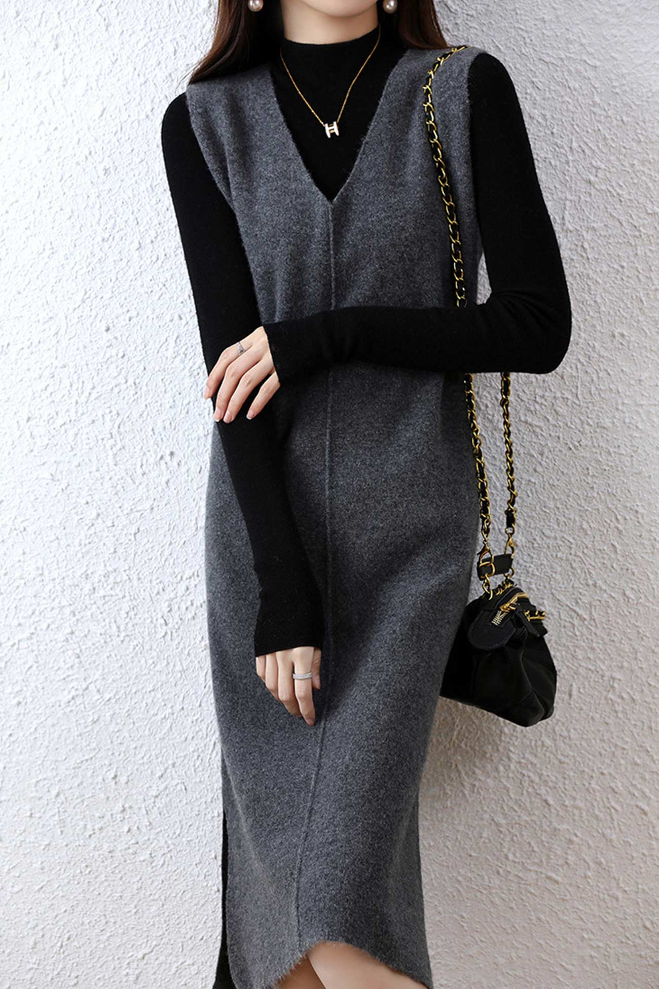V Neck Solid Color Wool Tank Dress