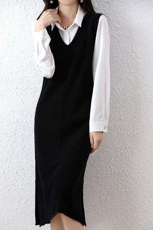 V Neck Solid Color Wool Tank Dress