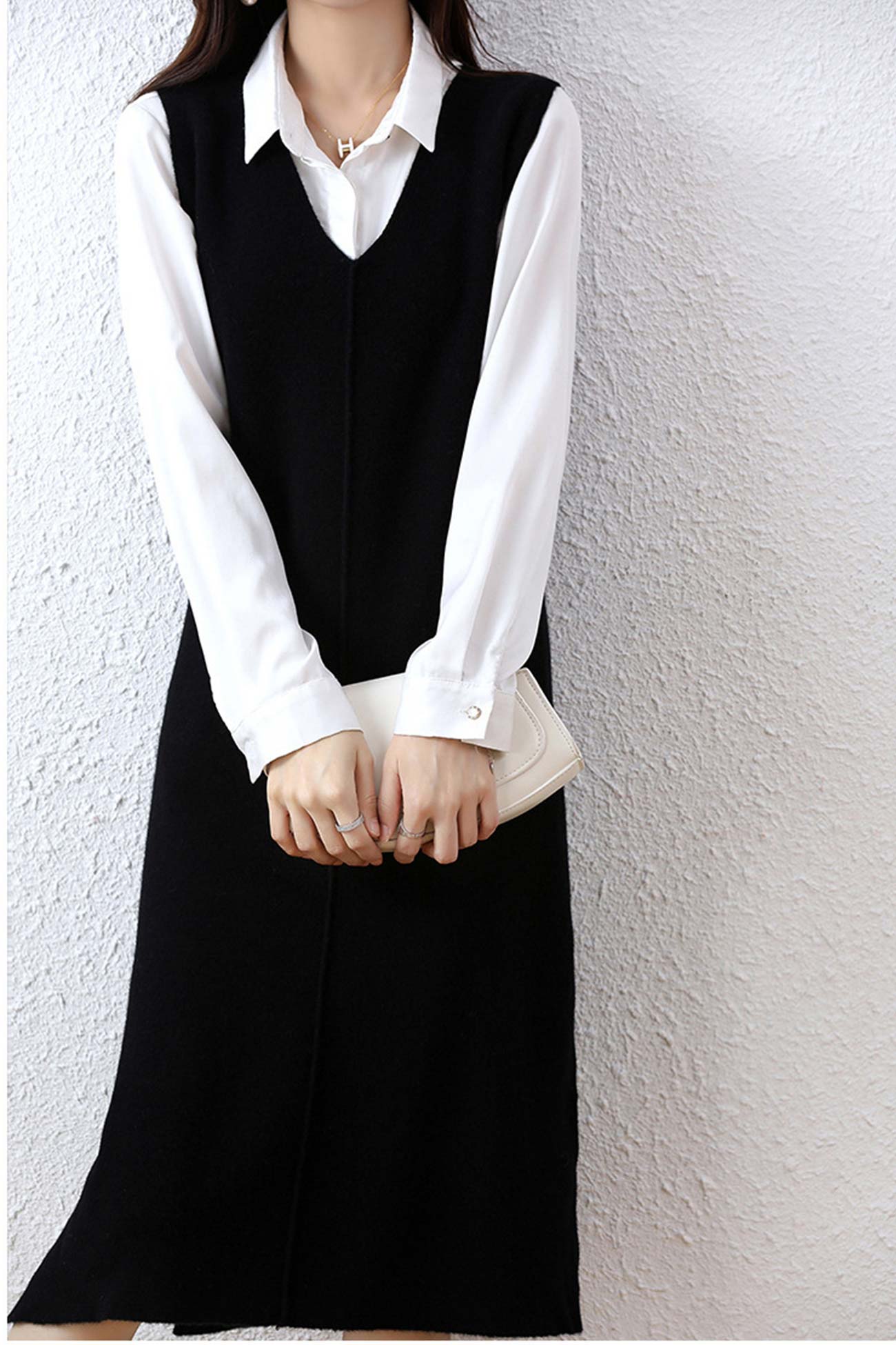 V Neck Solid Color Wool Tank Dress