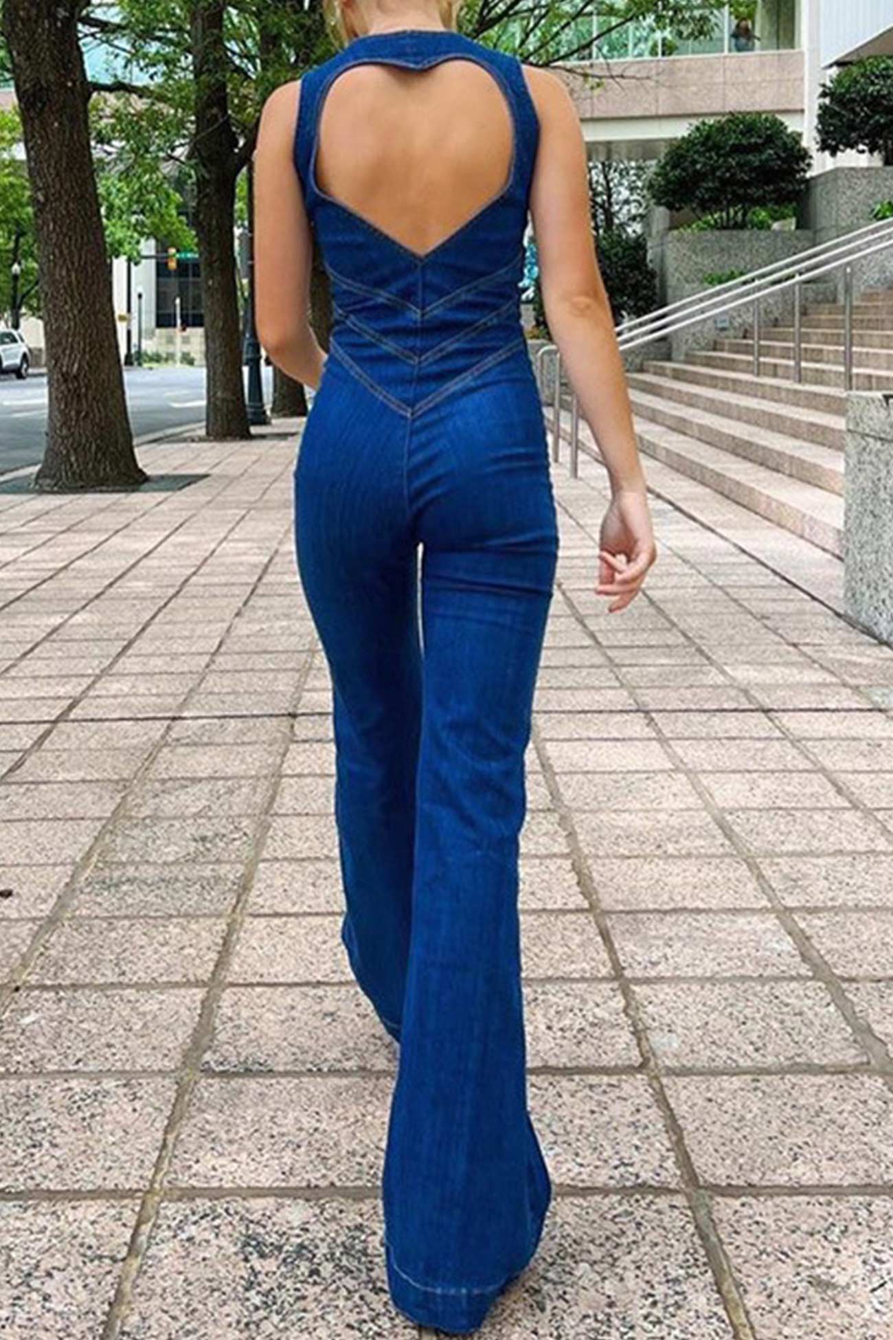 Denim Jumpsuit for Women Summer Casual Short Sleeve V Neck Cut Out Sexy Flared  Romper Jumpsuits 