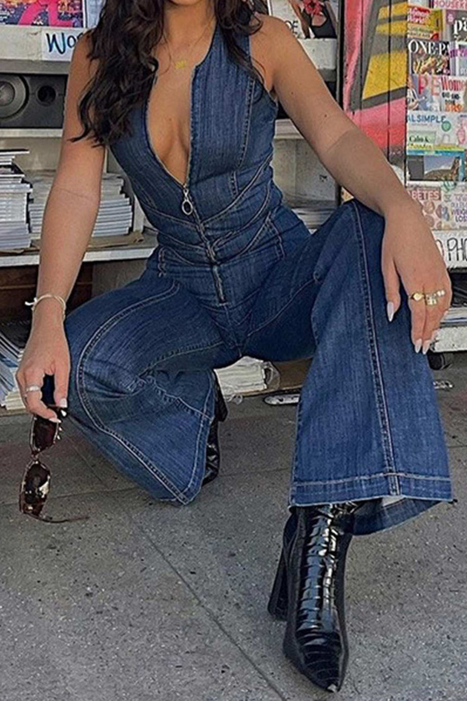 V Neck Sleeveless Denim Jumpsuits