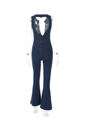 V Neck Zipper Cutout Sleeveless Denim Jumpsuits