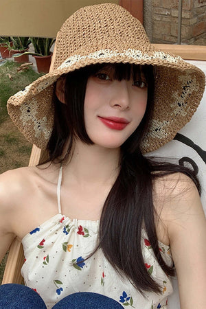 Packable Floral Weave Straw Hat
