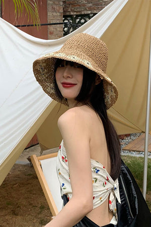 Packable Floral Weave Straw Hat