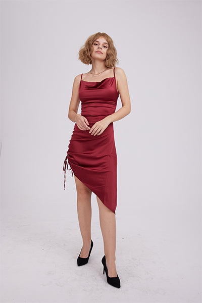 Red Satin Side Drawstring Cami Dress