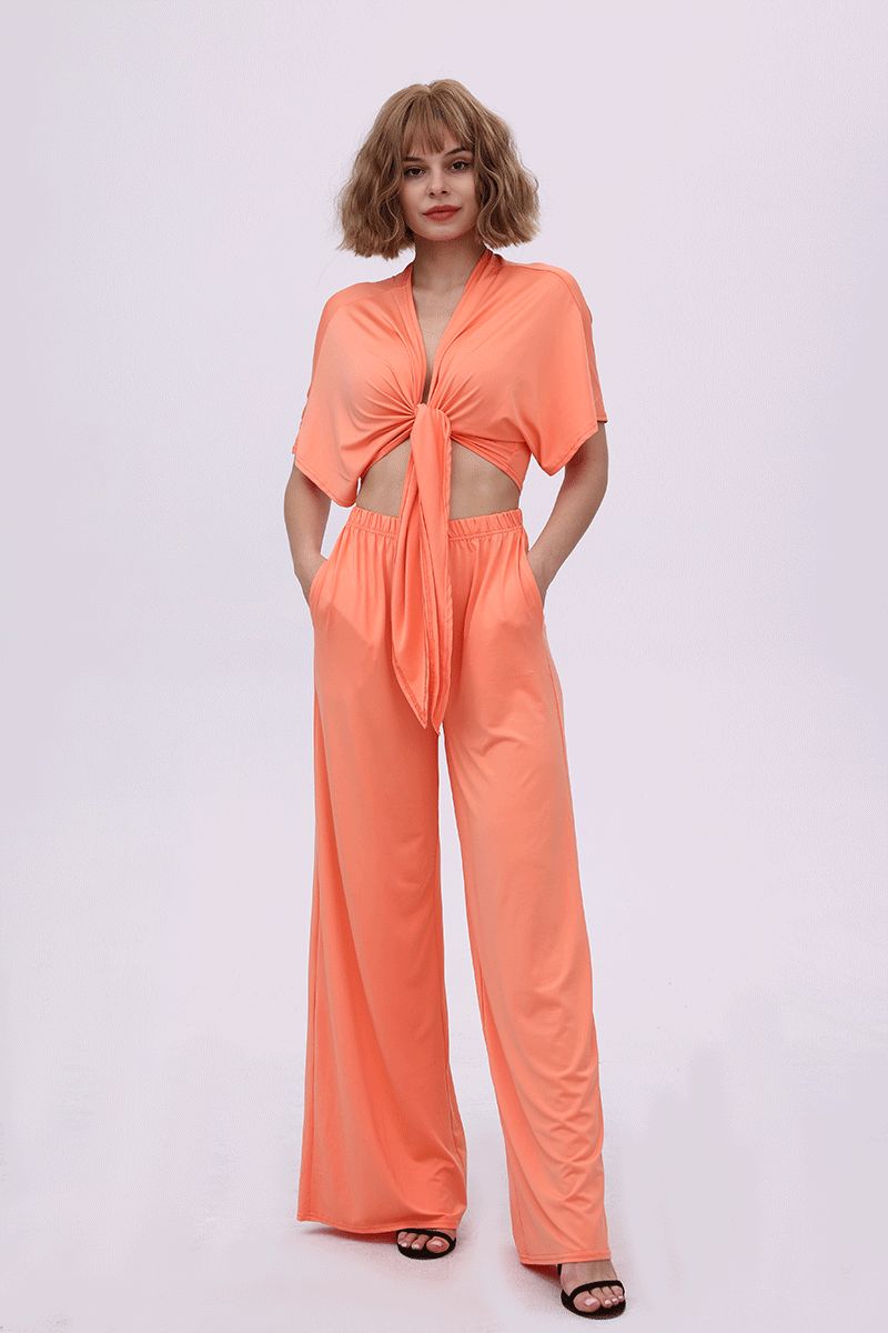 Deep V-neck Top & Elastic Wide Leg Pants