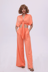 Deep V-neck Top & Elastic Wide Leg Pants