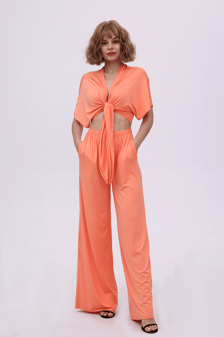 Deep V-neck Top & Elastic Wide Leg Pants